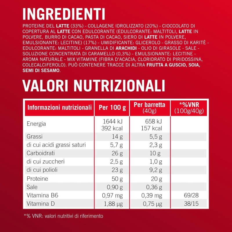 Enervit, Protein Bar 50% Salted Caramel, Barrette Proteiche, 20g di Proteine, Low Sugar, con Vitamina D e B6, Gusto Caramello Salato, Per il Recupero Dopo lo Sport, Senza Glutine, 12 Barrette da 40g