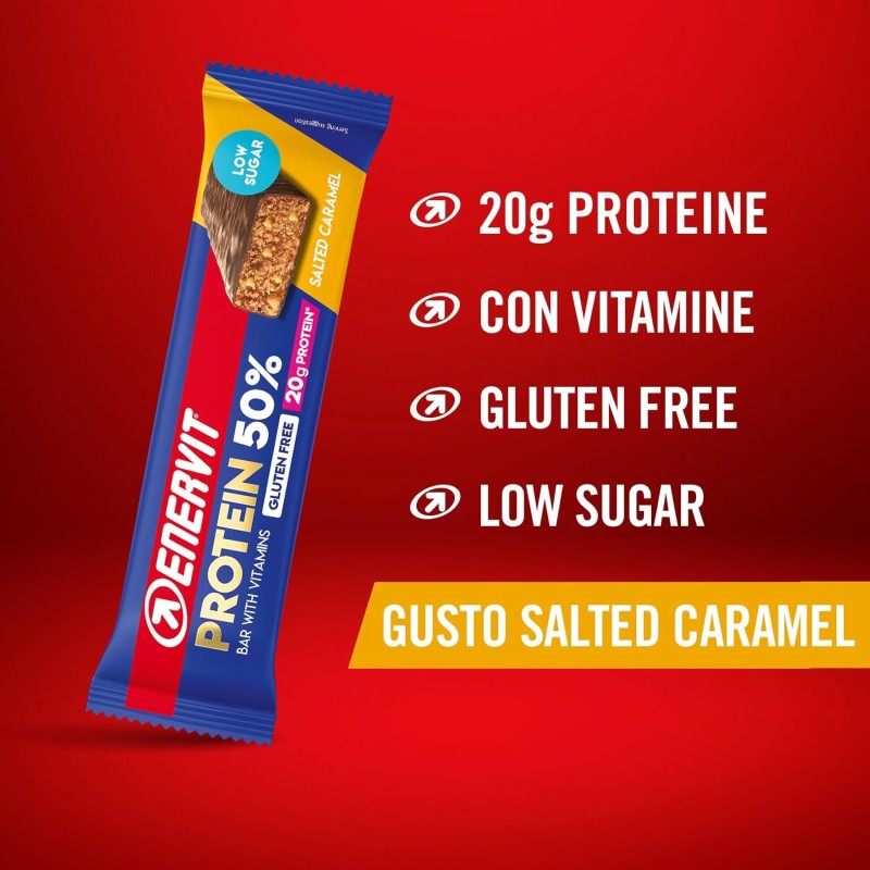 Enervit, Protein Bar 50% Salted Caramel, Barrette Proteiche, 20g di Proteine, Low Sugar, con Vitamina D e B6, Gusto Caramello Salato, Per il Recupero Dopo lo Sport, Senza Glutine, 12 Barrette da 40g