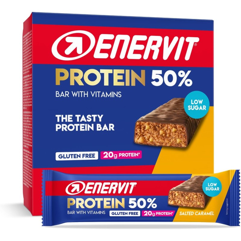 Enervit, Protein Bar 50% Salted Caramel, Barrette Proteiche, 20g di Proteine, Low Sugar, con Vitamina D e B6, Gusto Caramello Salato, Per il Recupero Dopo lo Sport, Senza Glutine, 12 Barrette da 40g