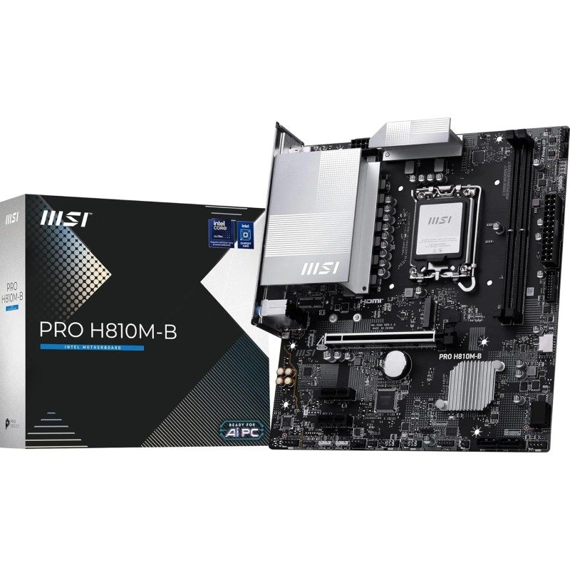 MSI PRO H810M-B Scheda Madre mATX – Supporta Intel Core Ultra (Serie 2) LGA 1851 – DDR5 Memory Boost (6400 MT/s MAX), PCIe 5.0 x16, M.2 Gen4, LAN 2.5G MSI PRO H810M-B Scheda Madre mATX – Supporta Intel Core Ultra (Serie 2) LGA 1851 – DDR5 Memory Boost (6400 MT/s MAX), PCIe 5.0 x16, M.2 Gen4, LAN 2.5G
