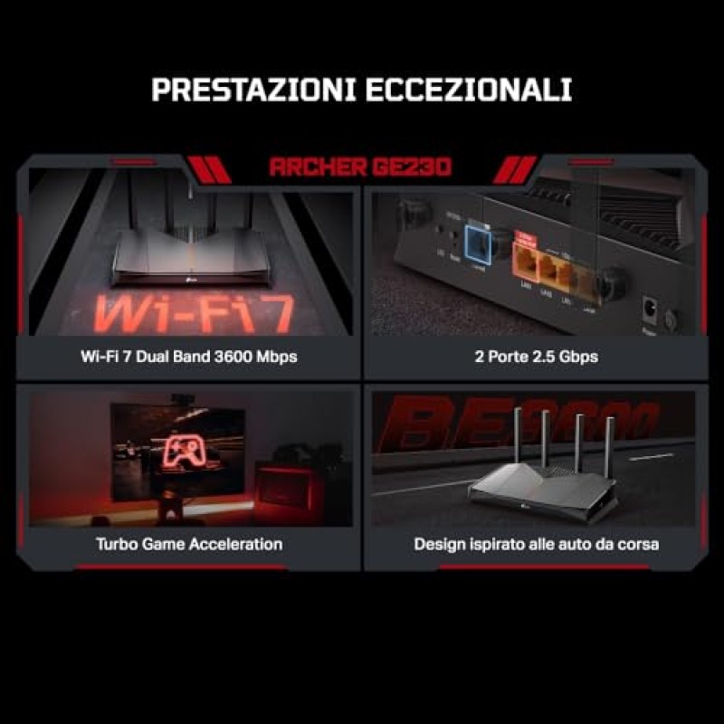 TP-Link Wi-Fi 7 Archer GE230 Router Gaming Dual-Band BE3600Mbps, 2 Porte 2.5Gbps, 3 Porte Gigabit, Canali 320MHz, 4K-QAM, Beamforming, HomeShield, Quad-Core CPU, Non Supporta xDSL