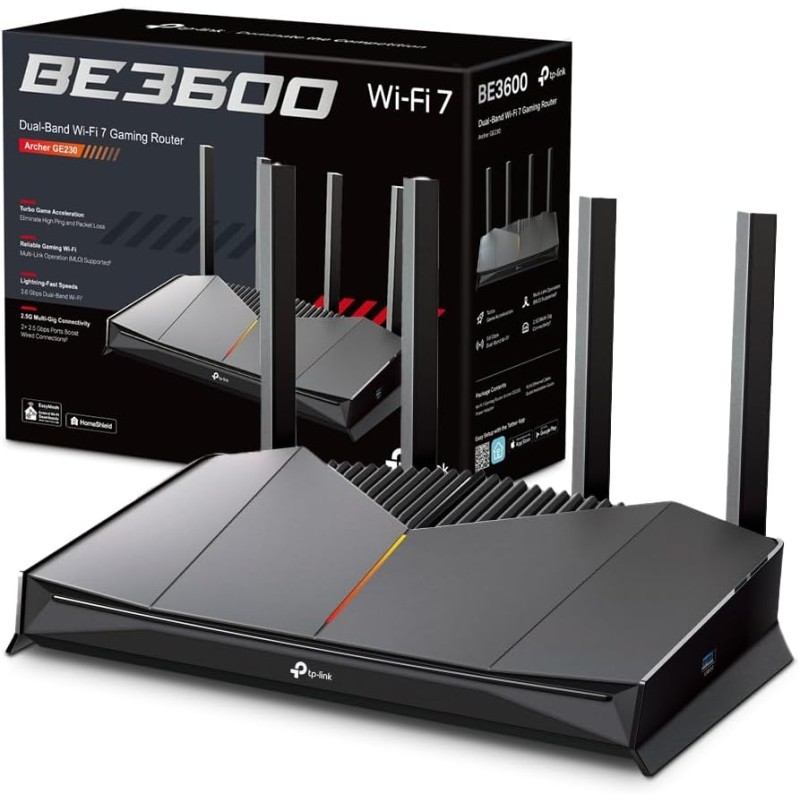 TP-Link Wi-Fi 7 Archer GE230 Router Gaming Dual-Band BE3600Mbps, 2 Porte 2.5Gbps, 3 Porte Gigabit, Canali 320MHz, 4K-QAM, Beamforming, HomeShield, Quad-Core CPU, Non Supporta xDSL