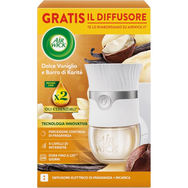 Air Wick Diffusore Elettrico di Oli Essenziali, 1 Diffusore completo gadget, 1 Ricarica per Diffusore Elettrico, Fragranza Dolce Vaniglia e Burro di Karitè - Vaniglia E Thè Bianco