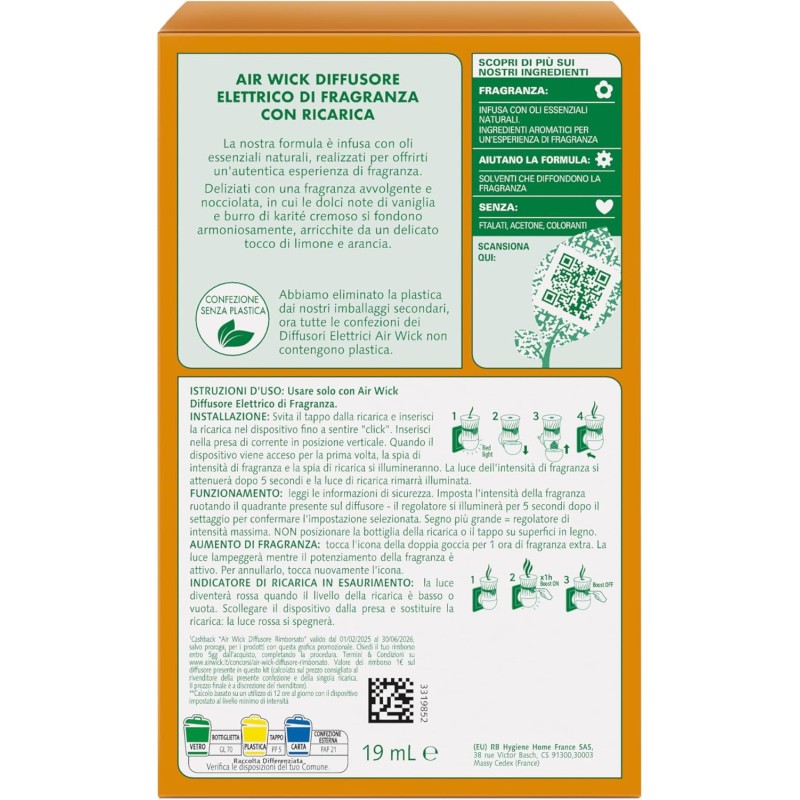 Air Wick Diffusore Elettrico di Oli Essenziali, 1 Diffusore completo gadget, 1 Ricarica per Diffusore Elettrico, Fragranza Dolce Vaniglia e Burro di Karitè - Vaniglia E Thè Bianco