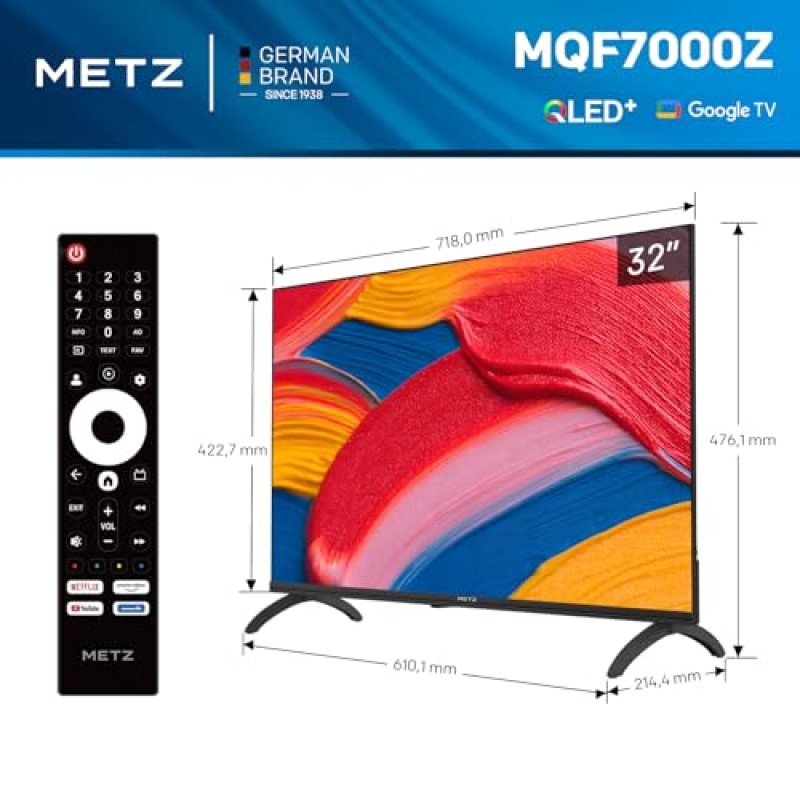Metz QLED 32 Pollici Smart TV HD, 32MQF7000Z, HDR10, Dolby Audio, Riduzione Luce Blu, Google TV, Googlecast,Tuner DVB-T/T2/C/S/S2/Analogico - 32"