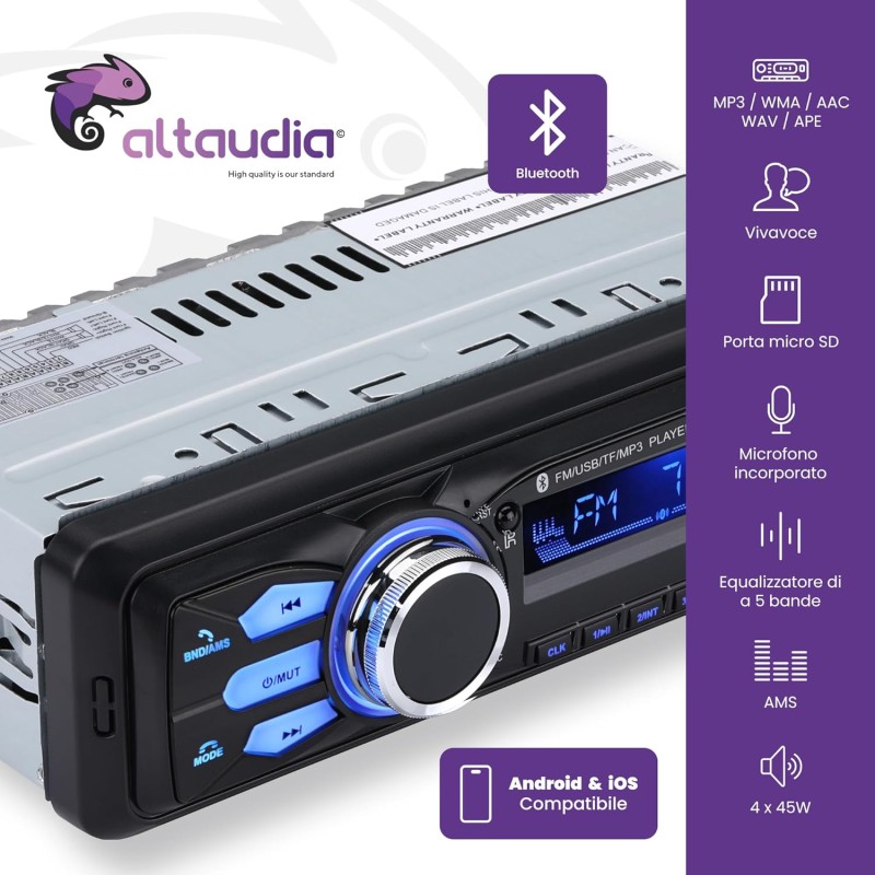 Altaudia Autoradio Auto - 1 DIN - 4x45W - Bluetooth 5.0, Funzione AUX, Lettore MP3 e x2 USB, FM, Vivavoce, 7 Colori, Telecomando, Funzione Memoria, Schermo LCD, iOS & Android