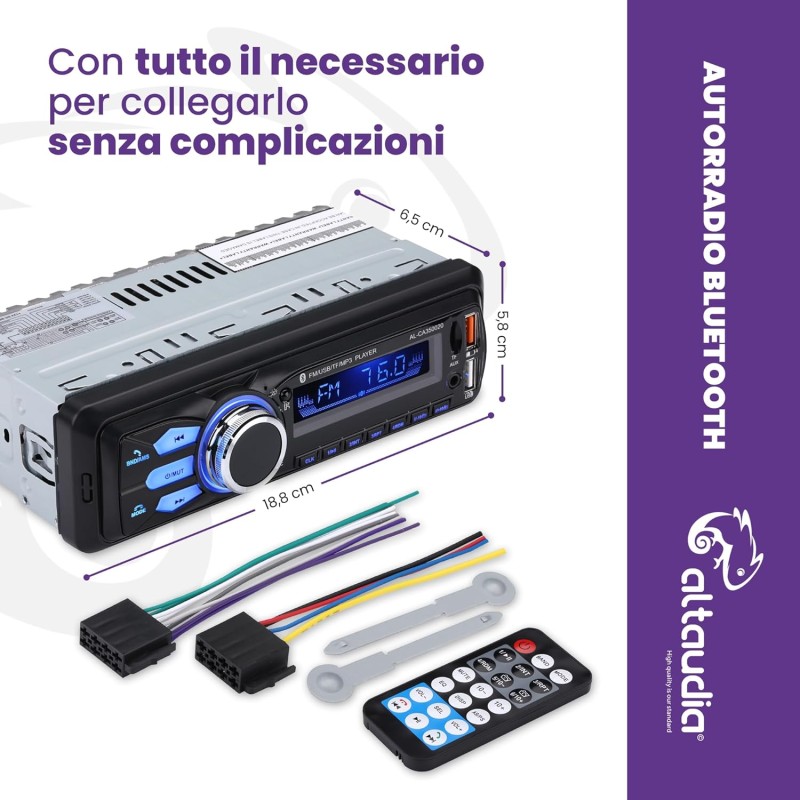 Altaudia Autoradio Auto - 1 DIN - 4x45W - Bluetooth 5.0, Funzione AUX, Lettore MP3 e x2 USB, FM, Vivavoce, 7 Colori, Telecomando, Funzione Memoria, Schermo LCD, iOS & Android