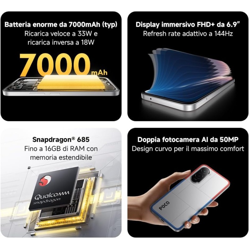 POCO M7, Smartphone 8+256GB, Display FHD+ da 6,9" 144Hz, Snapdragon 685, Doppia fotocamera AI da 50MP, Batteria da 7000mAh, Garanzia di 2 anni, Nero, Caricabatterie non incluso - 8+256GB Black POCO M7, Smartphone 8+256GB, Display FHD+ da 6,9" 144Hz, Snapdragon 685, Doppia fotocamera AI da 50MP, Batteria da 7000mAh, Garanzia di 2 anni, Nero, Caricabatterie non incluso - 8+256GB Black