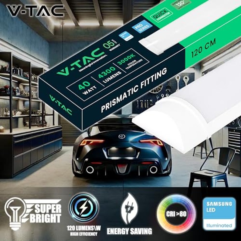 V-TAC Plafoniera LED 120 CM Lineare da Soffitto - 40W - Chip Samsung - Lampada Rettangolare 4300 Lumen IP20 per Parete, Garage, Negozio - Tubo LED - Luce 3000k Bianca Calda - Bianco Caldo