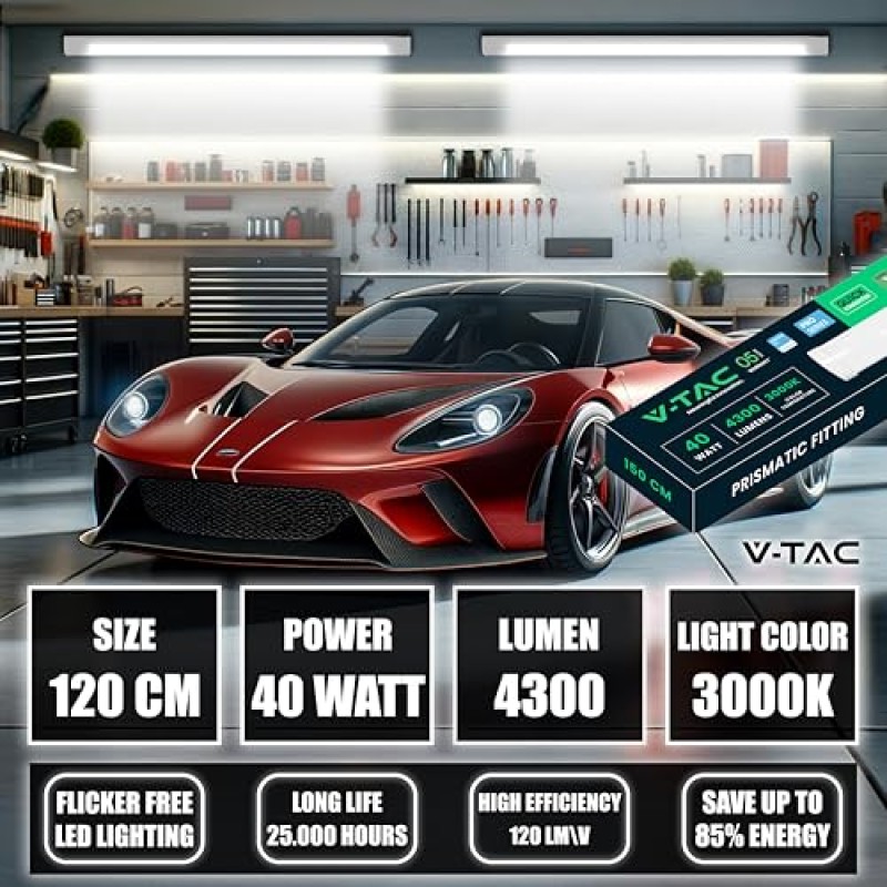 V-TAC Plafoniera LED 120 CM Lineare da Soffitto - 40W - Chip Samsung - Lampada Rettangolare 4300 Lumen IP20 per Parete, Garage, Negozio - Tubo LED - Luce 3000k Bianca Calda - Bianco Caldo