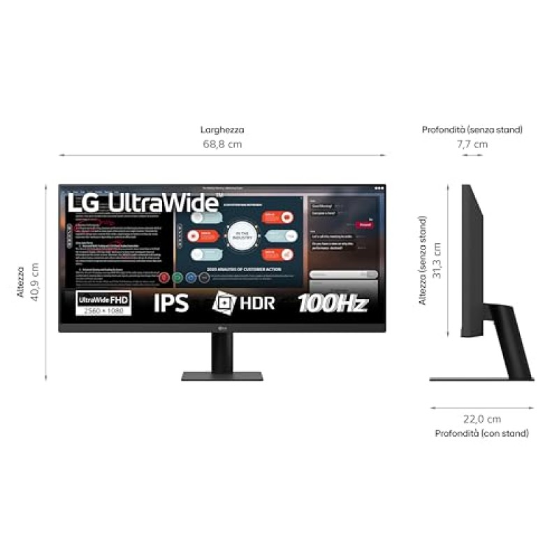LG 29U511A Monitor UltraWide 21:9 29" IPS, WFHD (2560x1080), HDR10, 100Hz, sRGB 99%, HDMI, DisplayPort, Uscita Cuffie, Schermo Antiriflesso, Reader Mode, Flicker Safe, Nero