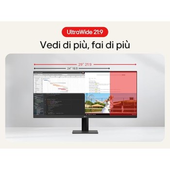 LG 29U511A Monitor UltraWide 21:9 29" IPS, WFHD (2560x1080), HDR10, 100Hz, sRGB 99%, HDMI, DisplayPort, Uscita Cuffie, Schermo Antiriflesso, Reader Mode, Flicker Safe, Nero