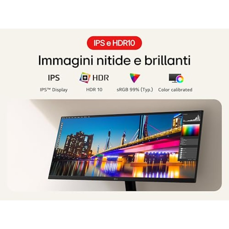 LG 29U511A Monitor UltraWide 21:9 29" IPS, WFHD (2560x1080), HDR10, 100Hz, sRGB 99%, HDMI, DisplayPort, Uscita Cuffie, Schermo Antiriflesso, Reader Mode, Flicker Safe, Nero