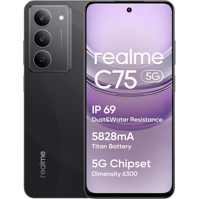realme C75 5G Smartphone, 8+256GB, Batteria Titan da 5828 mAh, Chipset Dimensity 6300 5G, Display con Modalità comfort visivo da 120 Hz, Fotocamera AI da 50 MP, Nero - 8+256GB Nero realme C75 5G Smartphone, 8+256GB, Batteria Titan da 5828 mAh, Chipset Dimensity 6300 5G, Display con Modalità comfort visivo da 120 Hz, Fotocamera AI da 50 MP, Nero - 8+256GB Nero