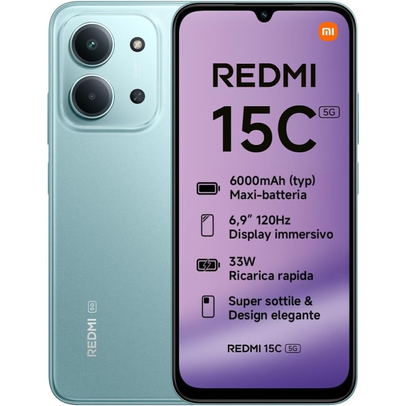 Xiaomi Redmi 15C 5G, Smartphone 4+128GB, Display 6,9" 120Hz, MediaTek Dimensity 6300, processore 5G, Dual camera AI 50MP, Mega batteria da 6000mAh, Garanzia 2 anni, Verde, Caricabatterie non incluso - 4+128GB Verde Xiaomi Redmi 15C 5G, Smartphone 4+128GB, Display 6,9" 120Hz, MediaTek Dimensity 6300, processore 5G, Dual camera AI 50MP, Mega batteria da 6000mAh, Garanzia 2 anni, Verde, Caricabatterie non incluso - 4+128GB Verde