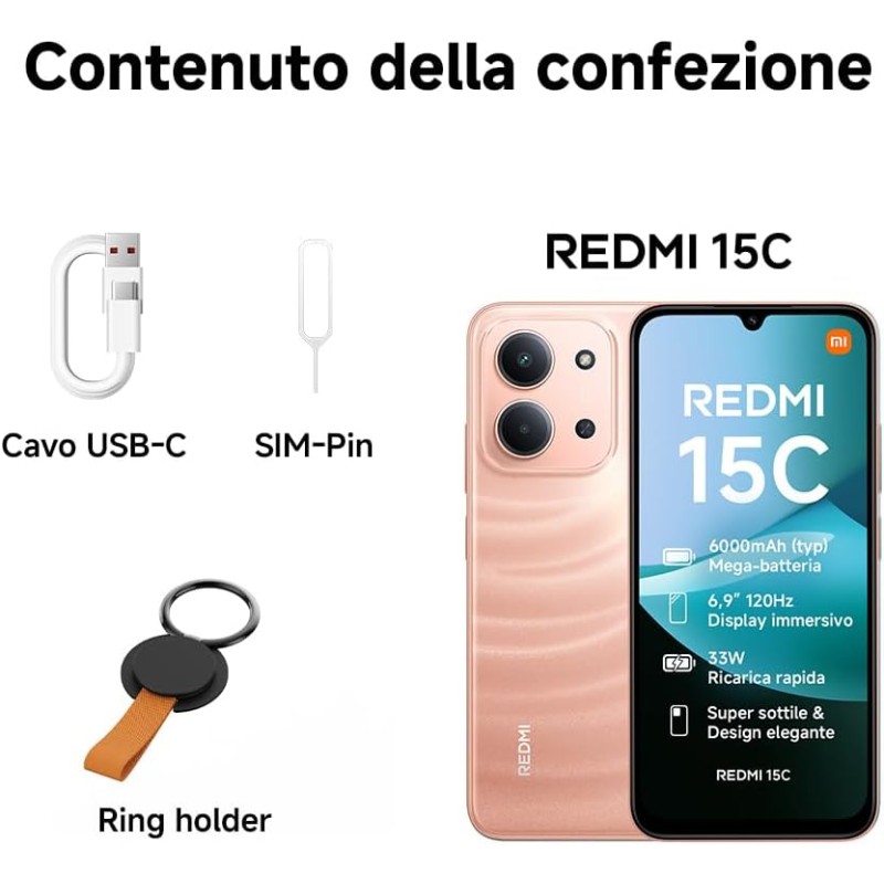 Xiaomi Redmi 15C, Smartphone 4+128GB, Display 6,9" 120Hz, 7,99mm, MediaTek Helio G81-Ultra, Dual camera da 50MP, Mega batteria da 6000mAh, Garanzia 2 anni, Nero, Caricabatterie non incluso - 4+128GB Nero Xiaomi Redmi 15C, Smartphone 4+128GB, Display 6,9" 120Hz, 7,99mm, MediaTek Helio G81-Ultra, Dual camera da 50MP, Mega batteria da 6000mAh, Garanzia 2 anni, Nero, Caricabatterie non incluso - 4+128GB Nero