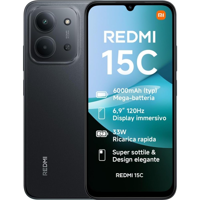 Xiaomi Redmi 15C, Smartphone 4+128GB, Display 6,9" 120Hz, 7,99mm, MediaTek Helio G81-Ultra, Dual camera da 50MP, Mega batteria da 6000mAh, Garanzia 2 anni, Nero, Caricabatterie non incluso - 4+128GB Nero Xiaomi Redmi 15C, Smartphone 4+128GB, Display 6,9" 120Hz, 7,99mm, MediaTek Helio G81-Ultra, Dual camera da 50MP, Mega batteria da 6000mAh, Garanzia 2 anni, Nero, Caricabatterie non incluso - 4+128GB Nero
