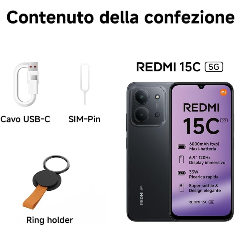 Xiaomi Redmi 15C 5G, Smartphone 4+128GB, Display 6,9" 120Hz, MediaTek Dimensity 6300, processore 5G, Dual camera AI 50MP, Mega batteria da 6000mAh, Garanzia 2 anni, Nero, Caricabatterie non incluso - 4+128GB Nero Xiaomi Redmi 15C 5G, Smartphone 4+128GB, Display 6,9" 120Hz, MediaTek Dimensity 6300, processore 5G, Dual camera AI 50MP, Mega batteria da 6000mAh, Garanzia 2 anni, Nero, Caricabatterie non incluso - 4+128GB Nero