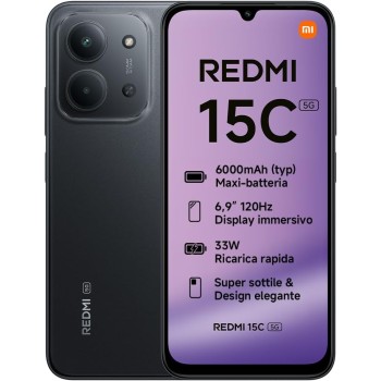 Xiaomi Redmi 15C 5G, Smartphone 4+128GB, Display 6,9" 120Hz, MediaTek Dimensity 6300, processore 5G, Dual camera AI 50MP, Mega batteria da 6000mAh, Garanzia 2 anni, Nero, Caricabatterie non incluso - 4+128GB Nero