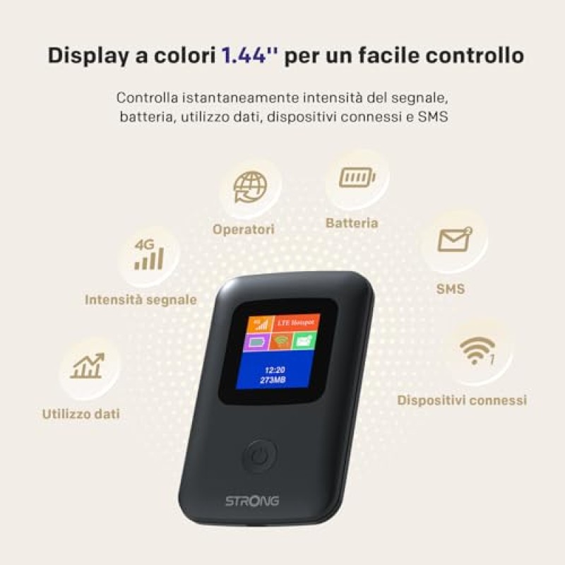 STRONG Saponetta WiFi Portatile con SIM, 4G LTE CAT4 150 Mbps in Download, Hotspot WiFi Tascabile da Viaggio, Display a Colori, Batteria Ricaricabile, Porta USB-C, Funzione Power Bank (150CD)