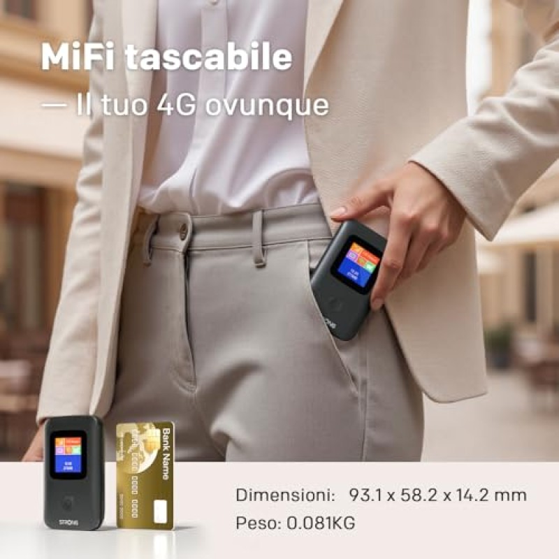 STRONG Saponetta WiFi Portatile con SIM, 4G LTE CAT4 150 Mbps in Download, Hotspot WiFi Tascabile da Viaggio, Display a Colori, Batteria Ricaricabile, Porta USB-C, Funzione Power Bank (150CD)
