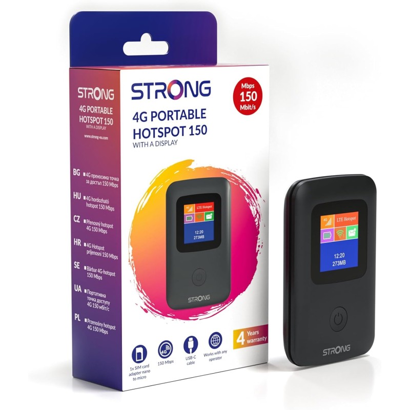 STRONG Saponetta WiFi Portatile con SIM, 4G LTE CAT4 150 Mbps in Download, Hotspot WiFi Tascabile da Viaggio, Display a Colori, Batteria Ricaricabile, Porta USB-C, Funzione Power Bank (150CD)