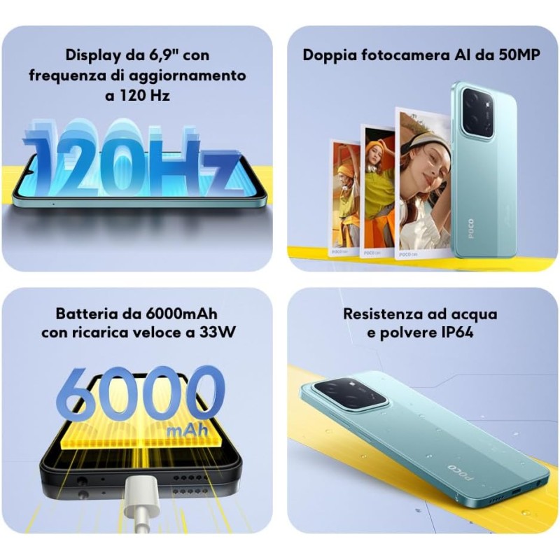 Xiaomi POCO C85, Smartphone 8+256GB, Display 6,9" 120Hz 7,99mm Design, MediaTek Helio G81-Ultra Octa-core, Doppia fotocamera AI da 50MP, 6000mAh, garanzia di 2 anni, Nero, Caricabatteria non incluso - 8+256GB Black Xiaomi POCO C85, Smartphone 8+256GB, Display 6,9" 120Hz 7,99mm Design, MediaTek Helio G81-Ultra Octa-core, Doppia fotocamera AI da 50MP, 6000mAh, garanzia di 2 anni, Nero, Caricabatteria non incluso - 8+256GB Black