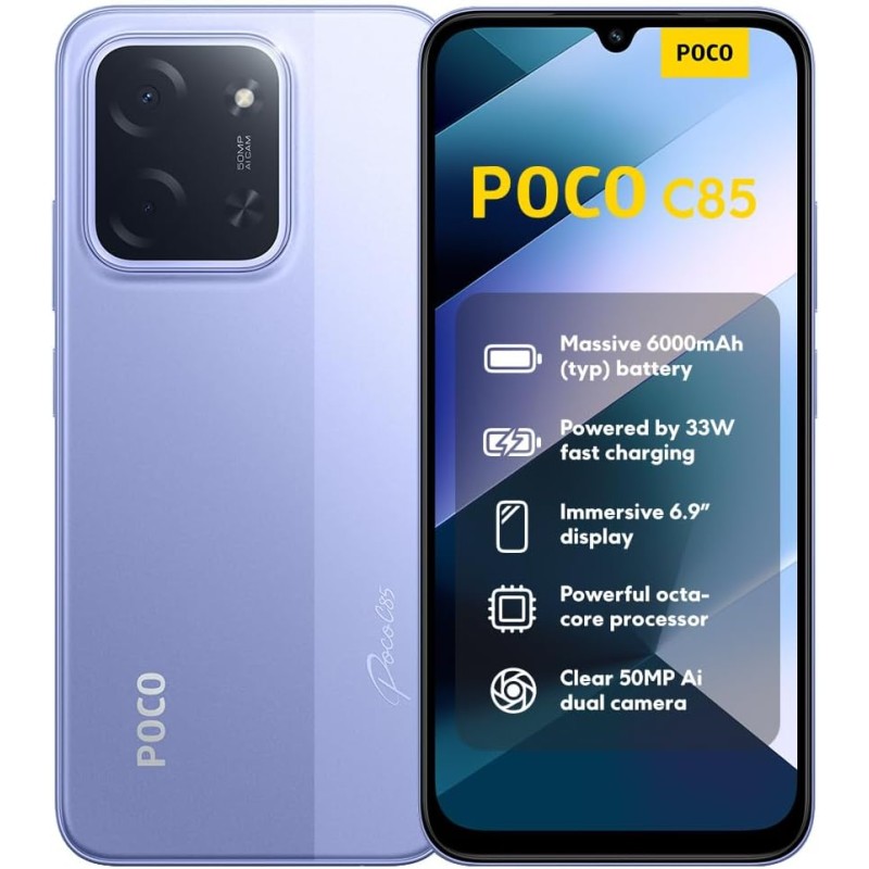 Xiaomi POCO C85, Smartphone 8+256GB, Display 6,9" 120Hz 7,99mm Design, MediaTek Helio G81-Ultra Octa-core, Doppia fotocamera AI da 50MP, 6000mAh, garanzia di 2 anni, Viola, Caricabatteria non incluso - 8+256GB Purple Xiaomi POCO C85, Smartphone 8+256GB, Display 6,9" 120Hz 7,99mm Design, MediaTek Helio G81-Ultra Octa-core, Doppia fotocamera AI da 50MP, 6000mAh, garanzia di 2 anni, Viola, Caricabatteria non incluso - 8+256GB Purple