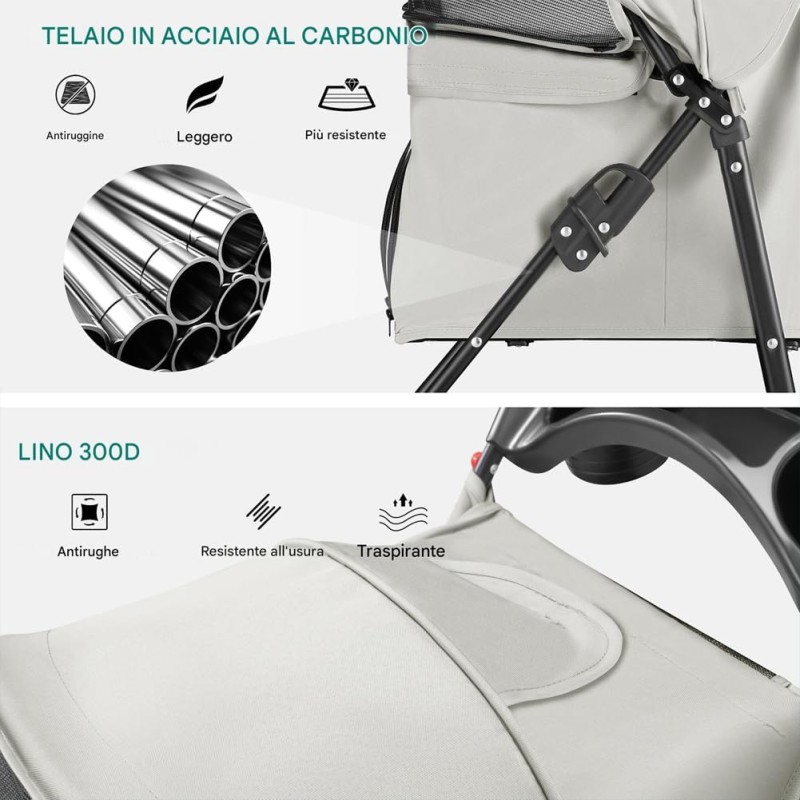 BAKAJI Passeggino per Animali Domestici Carico Massimo 30kg, Carrozzina per Cani e Gatti Pieghevole e Salvaspazio con Cestello Portaoggetti e Ruote Bloccabili, Cappottina Protettiva Anti UV (Grigio) - Grigio BAKAJI Passeggino per Animali Domestici Carico Massimo 30kg, Carrozzina per Cani e Gatti Pieghevole e Salvaspazio con Cestello Portaoggetti e Ruote Bloccabili, Cappottina Protettiva Anti UV (Grigio) - Grigio