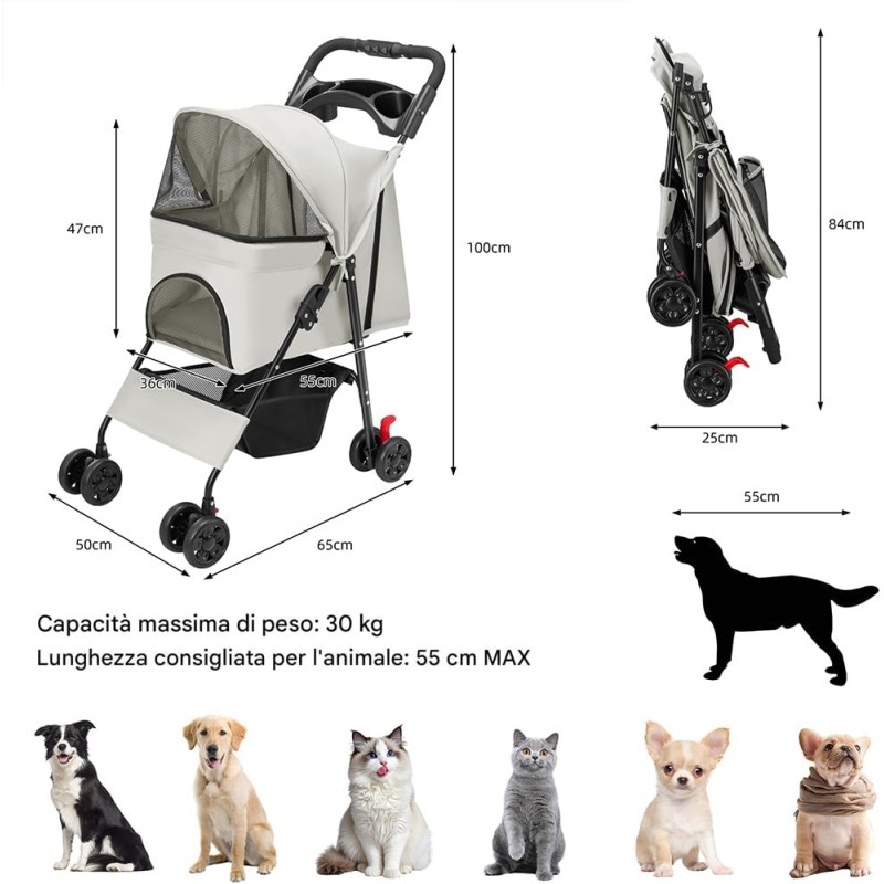 BAKAJI Passeggino per Animali Domestici Carico Massimo 30kg, Carrozzina per Cani e Gatti Pieghevole e Salvaspazio con Cestello Portaoggetti e Ruote Bloccabili, Cappottina Protettiva Anti UV (Grigio) - Grigio BAKAJI Passeggino per Animali Domestici Carico Massimo 30kg, Carrozzina per Cani e Gatti Pieghevole e Salvaspazio con Cestello Portaoggetti e Ruote Bloccabili, Cappottina Protettiva Anti UV (Grigio) - Grigio