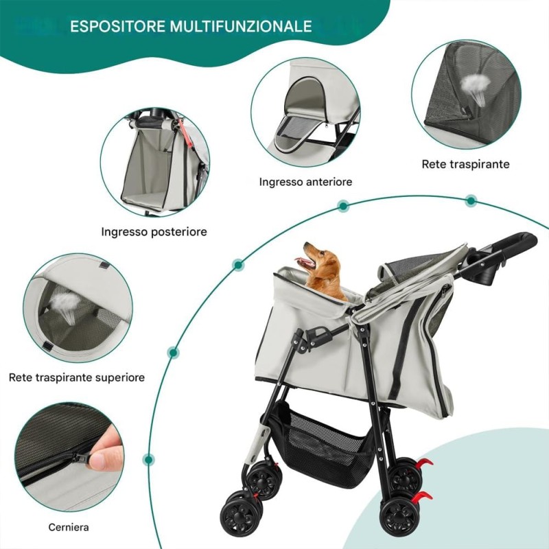 BAKAJI Passeggino per Animali Domestici Carico Massimo 30kg, Carrozzina per Cani e Gatti Pieghevole e Salvaspazio con Cestello Portaoggetti e Ruote Bloccabili, Cappottina Protettiva Anti UV (Grigio) - Grigio BAKAJI Passeggino per Animali Domestici Carico Massimo 30kg, Carrozzina per Cani e Gatti Pieghevole e Salvaspazio con Cestello Portaoggetti e Ruote Bloccabili, Cappottina Protettiva Anti UV (Grigio) - Grigio