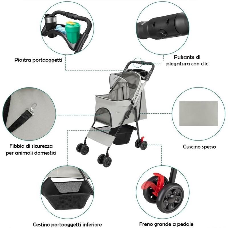 BAKAJI Passeggino per Animali Domestici Carico Massimo 30kg, Carrozzina per Cani e Gatti Pieghevole e Salvaspazio con Cestello Portaoggetti e Ruote Bloccabili, Cappottina Protettiva Anti UV (Grigio) - Grigio BAKAJI Passeggino per Animali Domestici Carico Massimo 30kg, Carrozzina per Cani e Gatti Pieghevole e Salvaspazio con Cestello Portaoggetti e Ruote Bloccabili, Cappottina Protettiva Anti UV (Grigio) - Grigio