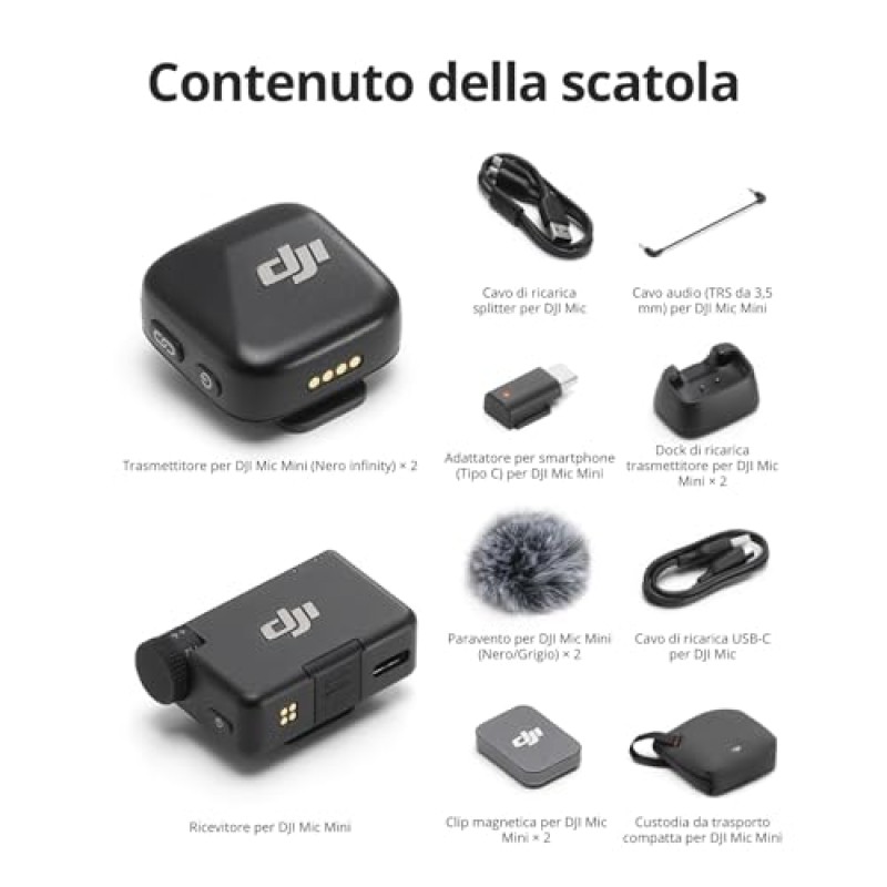 DJI Mic Mini (2 TX + 1 RX), audio ricco di dettagli, microfono wireless per fotocamera/Android, vlog per 2 persone, produzione di squadra