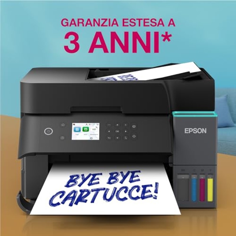 Epson EcoTank ET-3950 Stampante con Serbatoi D’inchiostro | Home Office | Wi-Fi | A4 | Fronte/Retro Stampa, Copia, Scansione | Display LCD 6.1 cm | ADF Da 30 Fogli | 3 Anni D'Inchiostro Inclusi - Nero