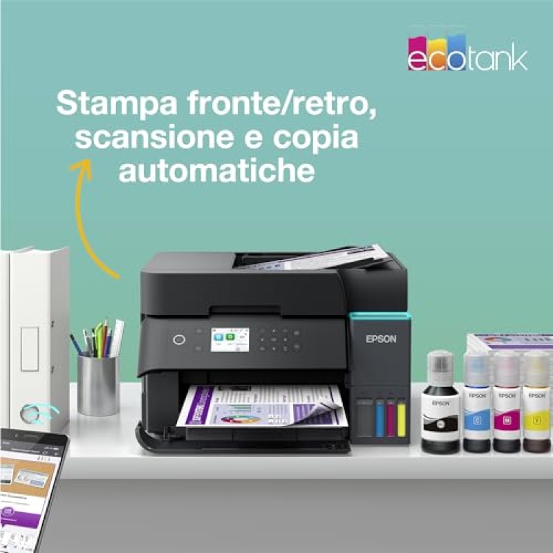 Epson EcoTank ET-3950 Stampante con Serbatoi D’inchiostro | Home Office | Wi-Fi | A4 | Fronte/Retro Stampa, Copia, Scansione | Display LCD 6.1 cm | ADF Da 30 Fogli | 3 Anni D'Inchiostro Inclusi - Nero