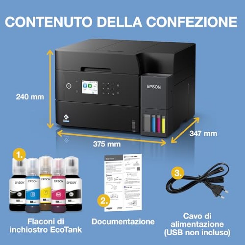 Epson EcoTank ET-3950 Stampante con Serbatoi D’inchiostro | Home Office | Wi-Fi | A4 | Fronte/Retro Stampa, Copia, Scansione | Display LCD 6.1 cm | ADF Da 30 Fogli | 3 Anni D'Inchiostro Inclusi - Nero