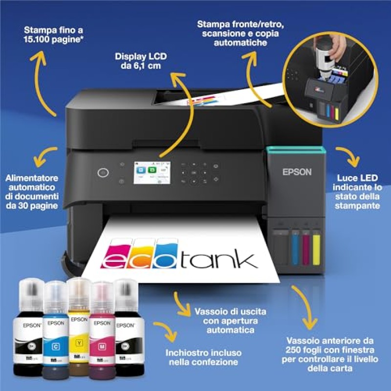Epson EcoTank ET-3950 Stampante con Serbatoi D’inchiostro | Home Office | Wi-Fi | A4 | Fronte/Retro Stampa, Copia, Scansione | Display LCD 6.1 cm | ADF Da 30 Fogli | 3 Anni D'Inchiostro Inclusi - Nero