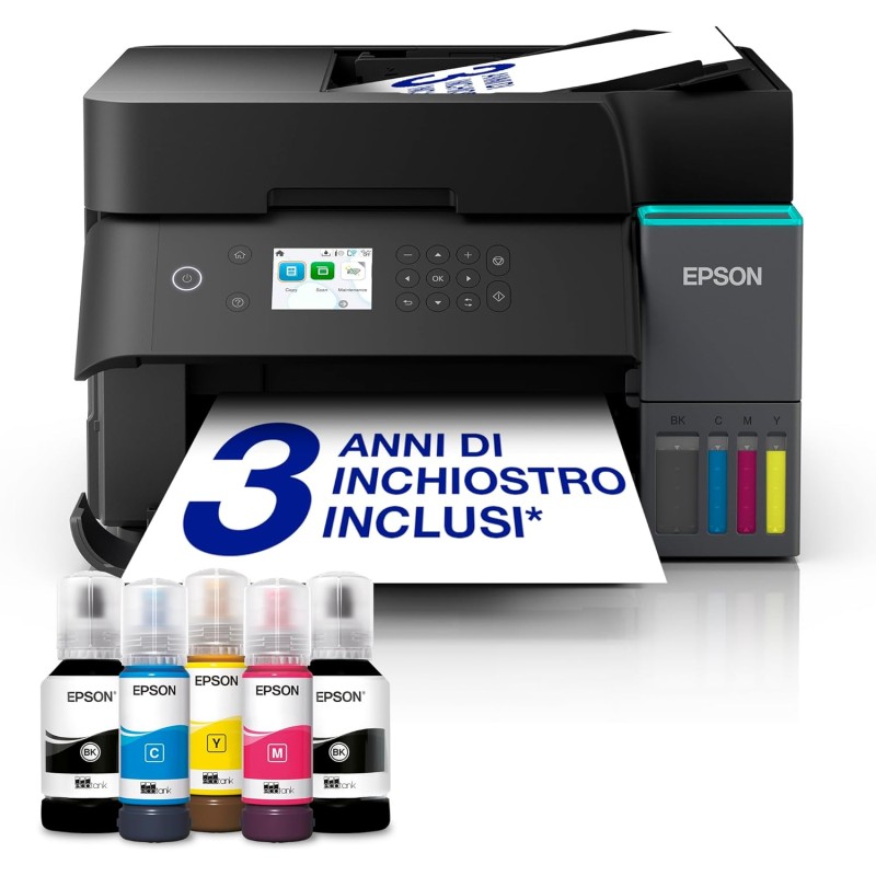 Epson EcoTank ET-3950 Stampante con Serbatoi D’inchiostro | Home Office | Wi-Fi | A4 | Fronte/Retro Stampa, Copia, Scansione | Display LCD 6.1 cm | ADF Da 30 Fogli | 3 Anni D'Inchiostro Inclusi - Nero