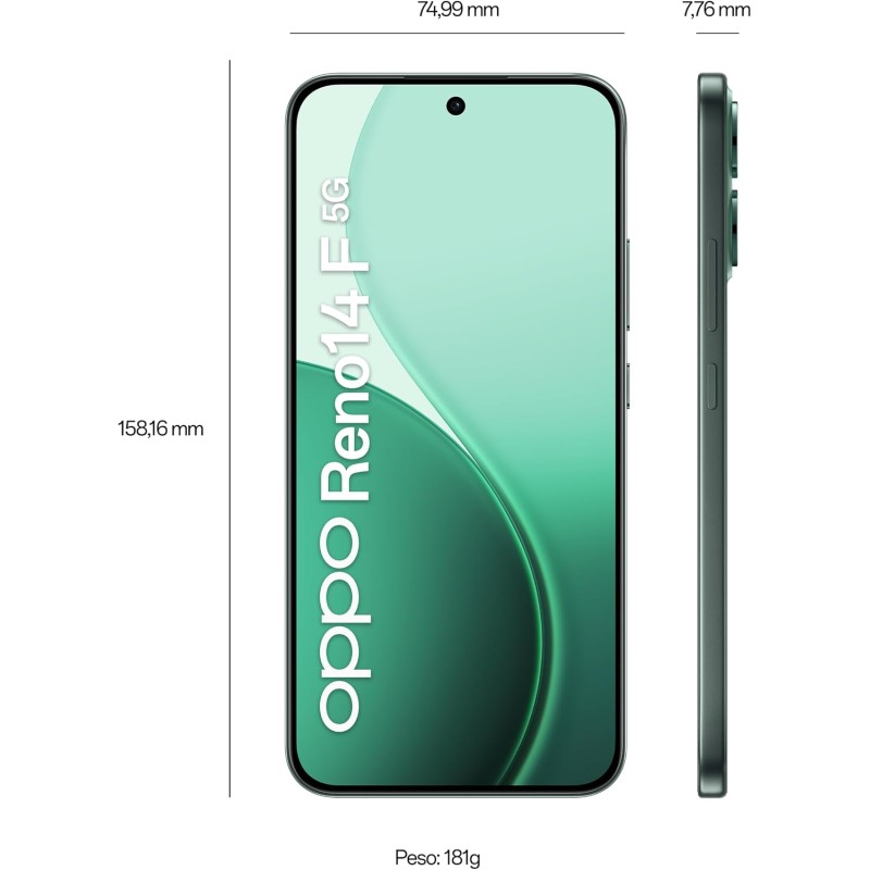 OPPO Reno14 F 5G AI Smartphone, Tripla fotocamera 50+8+2MP, Selfie 32MP, Display 6.57” 120HZ AMOLED FHD+, 6000mAh, RAM 8GB(Esp4GB/6GB/8GB)+ROM 256GB, Supporto Auto [Versione Italia], Luminous Green