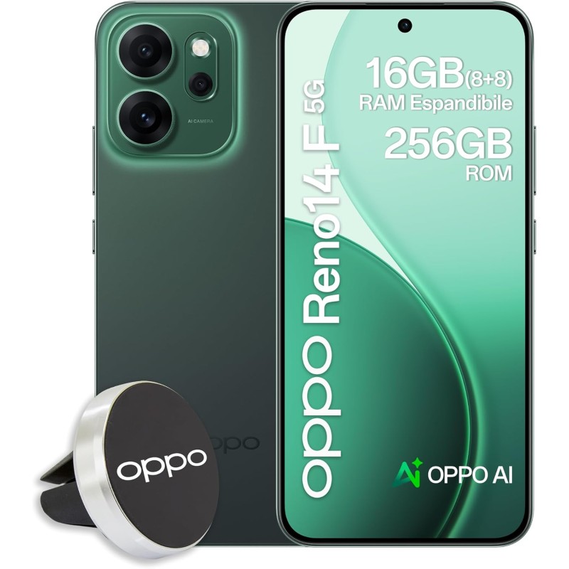 OPPO Reno14 F 5G AI Smartphone, Tripla fotocamera 50+8+2MP, Selfie 32MP, Display 6.57” 120HZ AMOLED FHD+, 6000mAh, RAM 8GB(Esp4GB/6GB/8GB)+ROM 256GB, Supporto Auto [Versione Italia], Luminous Green