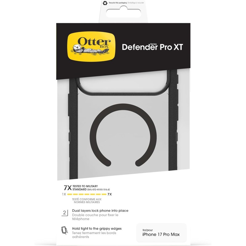 OtterBox Defender Series Pro XT Clear MagSafe cover per iPhone 17 Pro Max, resistente a shock e cadute, cover ultra robusta, testata 7x vs le norme anti caduta MIL-STD 810G, Trasparente/Nero - iPhone 17 Pro Max Trasparente/Nero