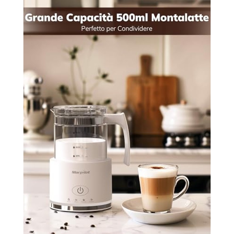 Milk Frother, Morpilot Montalatte Elettrico in Vetro, 4 in 1 Funzione, Bello da Vedere, Capacità 250ml Cappuccino o 500 ml Latte Caldo, Design Diviso, Bianco - 250ml White
