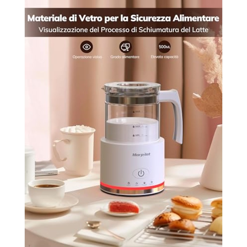 Milk Frother, Morpilot Montalatte Elettrico in Vetro, 4 in 1 Funzione, Bello da Vedere, Capacità 250ml Cappuccino o 500 ml Latte Caldo, Design Diviso, Bianco - 250ml White