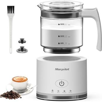 Milk Frother, Morpilot Montalatte Elettrico in Vetro, 4 in 1 Funzione, Bello da Vedere, Capacità 250ml Cappuccino o 500 ml Latte Caldo, Design Diviso, Bianco - 250ml White