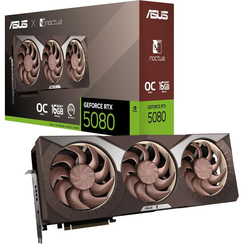 ASUS NVIDIA GeForce RTX 5080 Noctua OC Edition, Scheda Grafica 16GB GDDR7, 256 Bit, PCIe 5.0, 2 HDMI 2.1, 3 DisplayPort 2.1, Software GPU Tweak III, Marrone, RTX5080-O16G-NOCTUA - O16 GB ASUS NVIDIA GeForce RTX 5080 Noctua OC Edition, Scheda Grafica 16GB GDDR7, 256 Bit, PCIe 5.0, 2 HDMI 2.1, 3 DisplayPort 2.1, Software GPU Tweak III, Marrone, RTX5080-O16G-NOCTUA - O16 GB