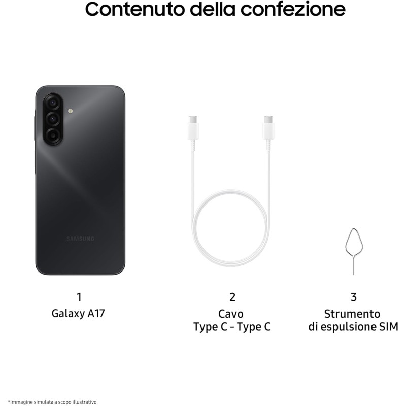 Samsung Galaxy A17, 3 anni di Garanzia del produttore, Android 15, Display Super AMOLED 6.7", 8GB RAM, 256GB, Batteria 5.000 mAh, Resistenza IP54, Memoria espandibile, Black [Versione Italiana] - 8+256GB Black