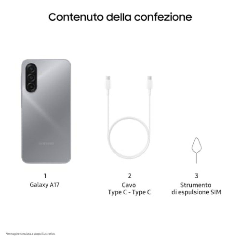 Samsung Galaxy A17, 3 anni di Garanzia del produttore, Android 15, Display Super AMOLED 6.7", 4GB RAM, 128GB, Batteria 5.000 mAh, Resistenza IP54, Memoria espandibile, Gray [Versione Italiana] - 4+128GB Gray