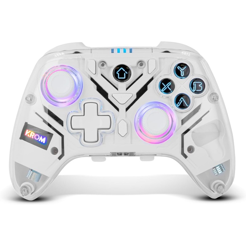 KROM KRYSTAL — Telecomando wireless trasparente Bluetooth 5.0, RGB, 17 pulsanti personalizzabili, doppia vibrazione, macro, compatibile con PC/Switch/Switch 2/iOS/Android