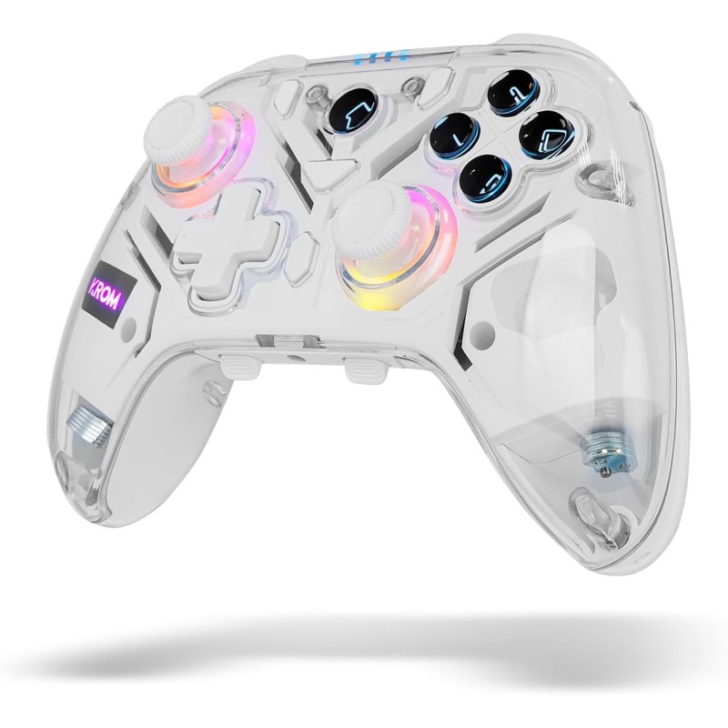KROM KRYSTAL — Telecomando wireless trasparente Bluetooth 5.0, RGB, 17 pulsanti personalizzabili, doppia vibrazione, macro, compatibile con PC/Switch/Switch 2/iOS/Android