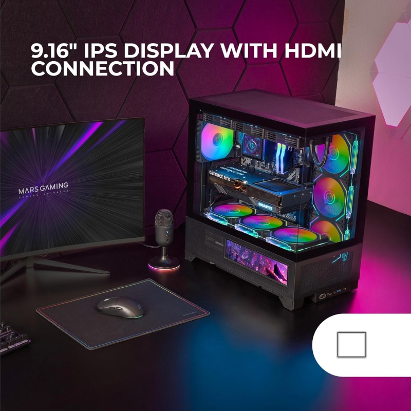 Mars Gaming MC-LCDX, Case Gaming ATX, Schermo IPS 9.16" e Connessione HDMI, Vetro Temperato Continuo, Pannello Inferiore Full Mesh, Doppia Camera, Supporto Raffreddamento Liquido fino a 360mm, Nero Mars Gaming MC-LCDX, Case Gaming ATX, Schermo IPS 9.16" e Connessione HDMI, Vetro Temperato Continuo, Pannello Inferiore Full Mesh, Doppia Camera, Supporto Raffreddamento Liquido fino a 360mm, Nero